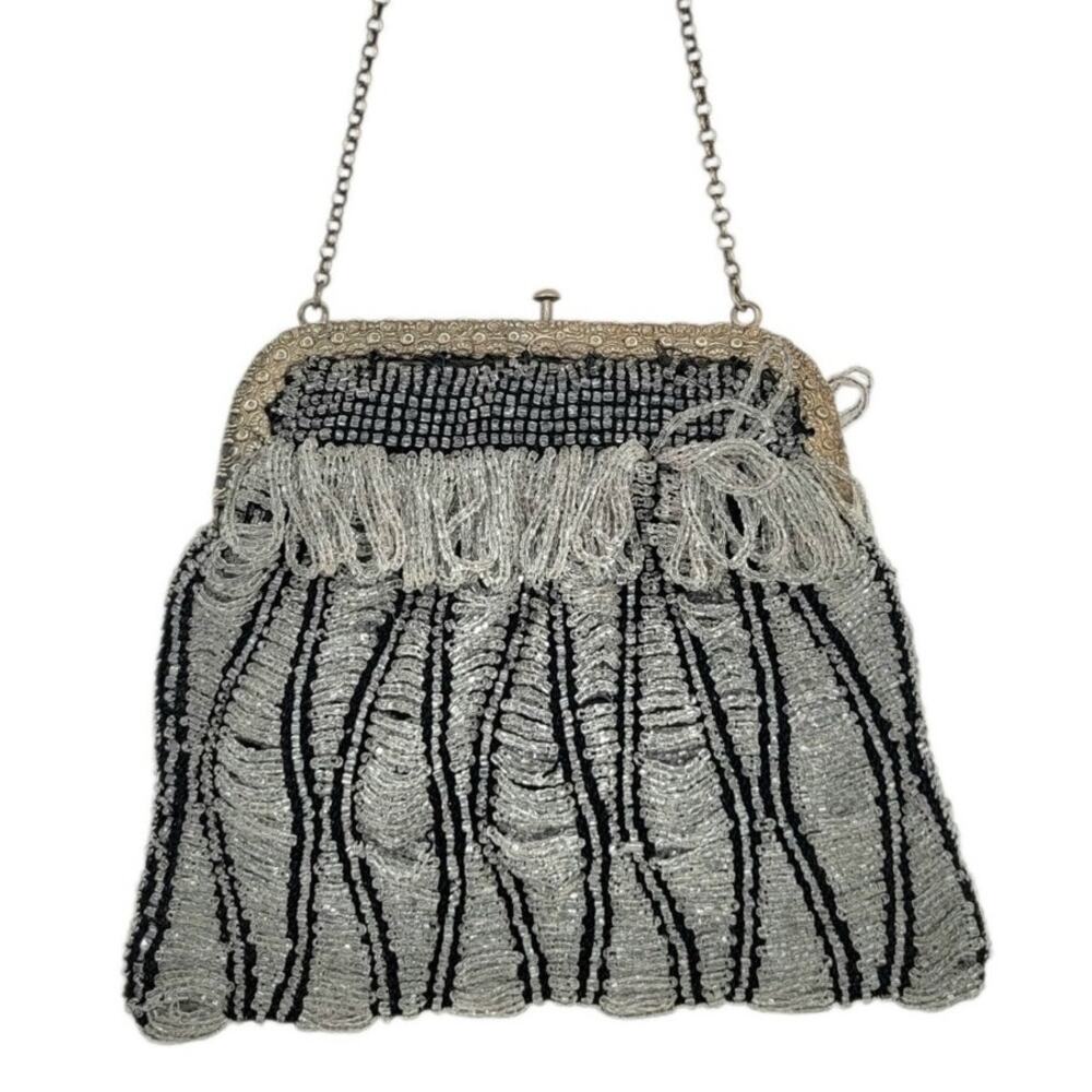 Antique 1910s Edwardian Micro Beaded Fringe Purse Gothic Evening Glamour